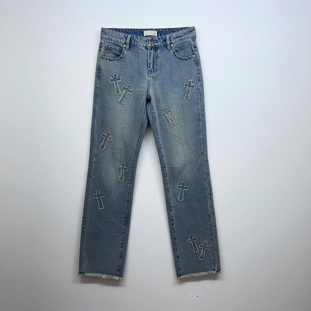 Austin Landing Cross Patch Denim Jeans Juniors 3 Grunge Goth Distressed Frayed